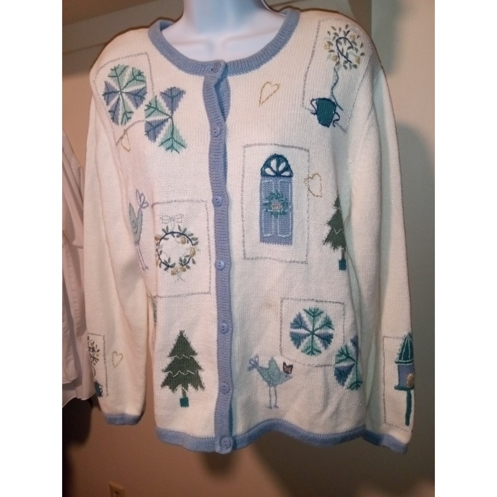 Vintage Winter Wonderland Embroidered Cardigan Sweater Blue Cream Christmas L - Picture 1 of 15